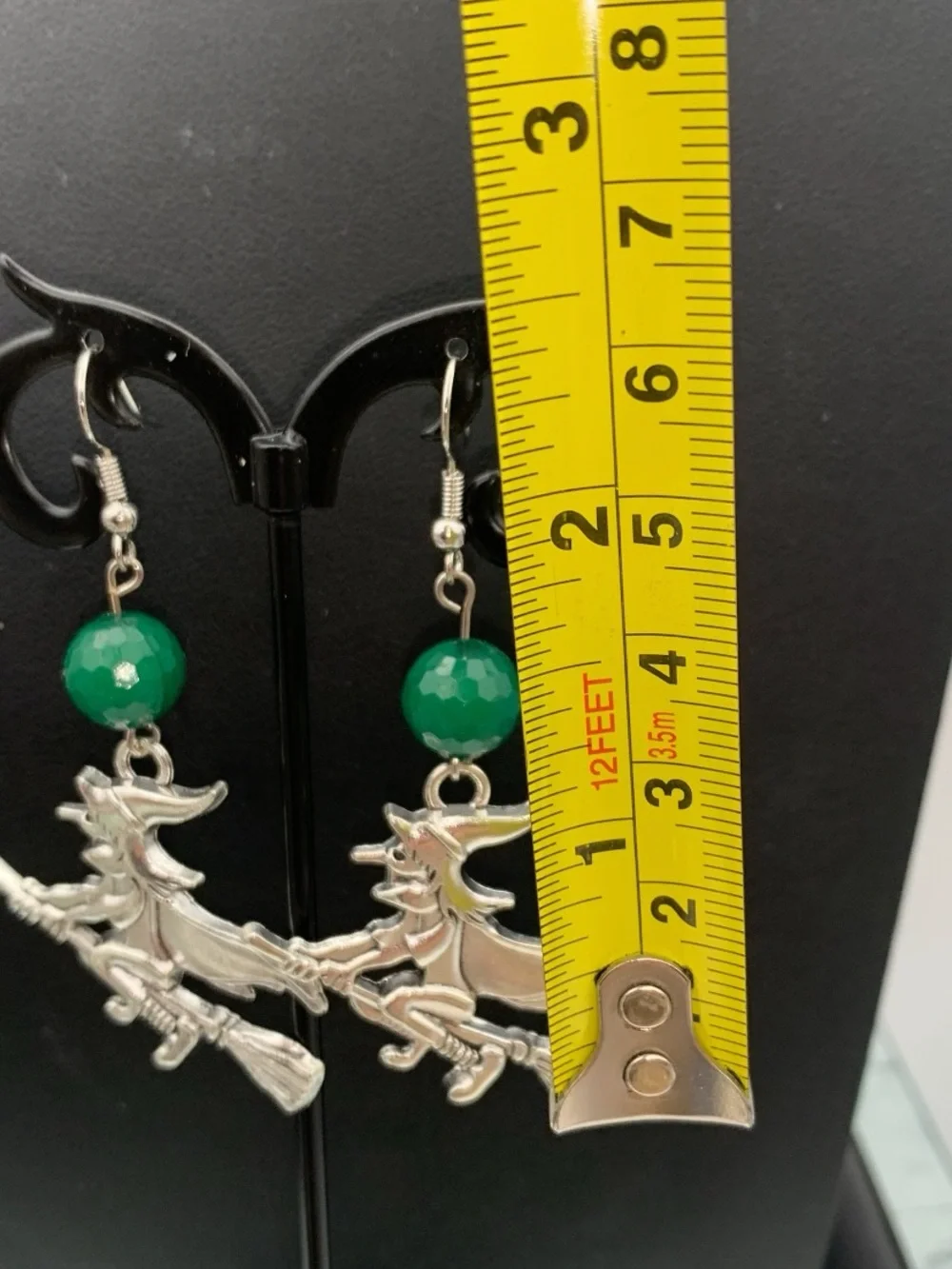 Halloween Silver tone Witch on Broom Dangle Earrings